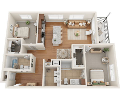 Floor plan for 2 beds, 2 baths, 1370 sqft